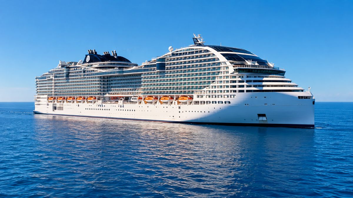 Msc cruise ship sailing through the turquoise caribbean sea during a bright tropical afternoon