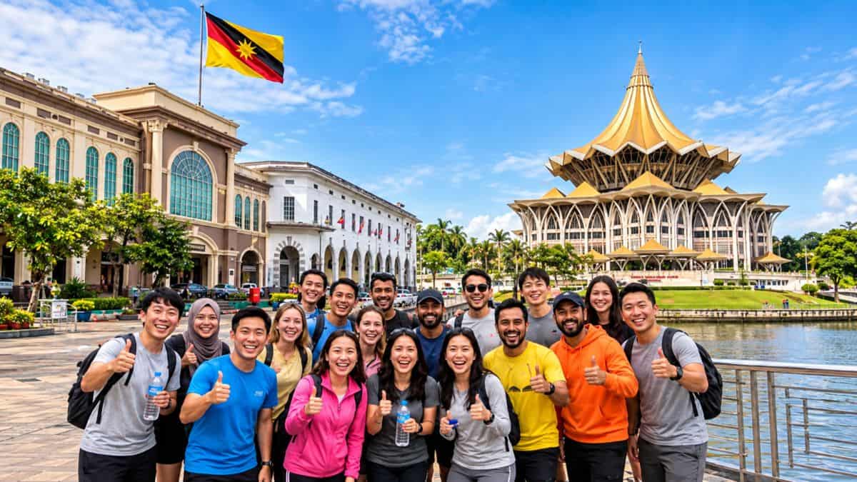 A group of diverse travellers smiling and giving thumbs-up beside a riverside promenade, with kuching&rsquo;s historic buildings, sarawak flag and distinctive golden-roofed landmark in the background under a bright blue sky.