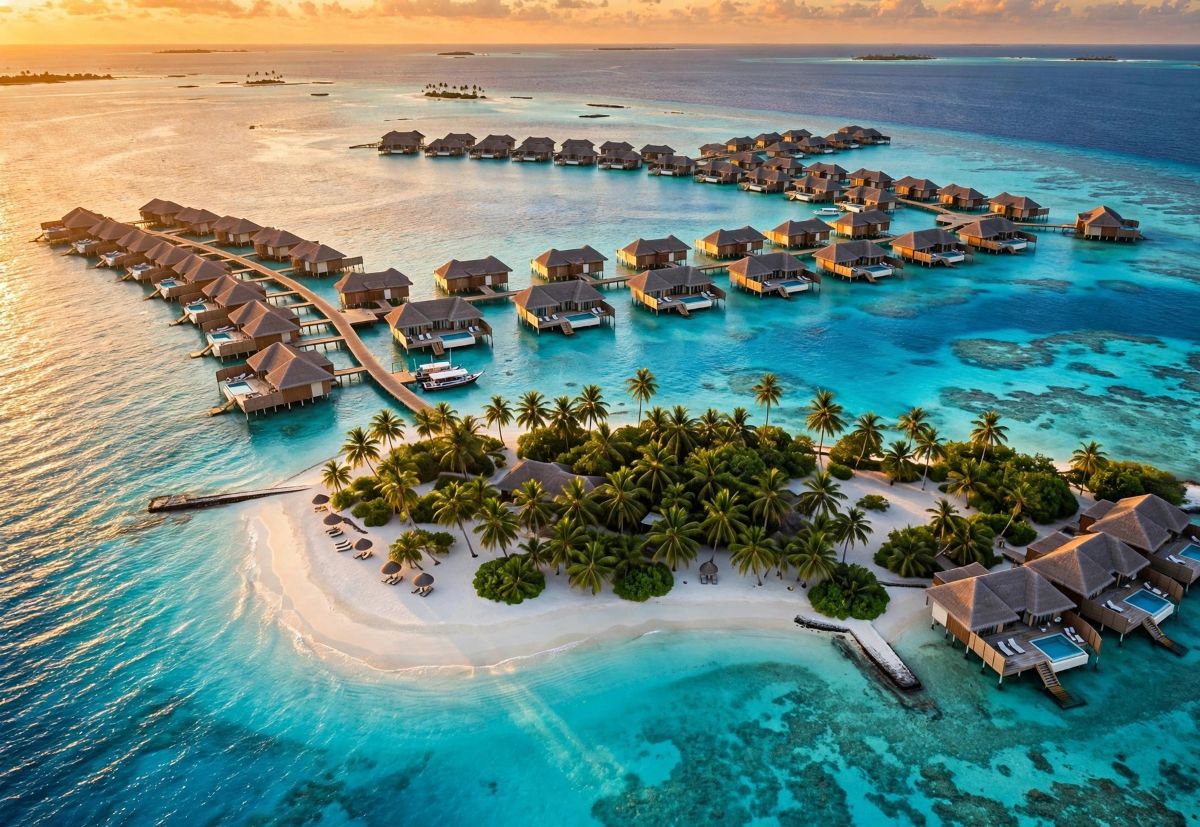 Maldives paradise crystal-clear turquoise ocean luxury overwater cottages and that golden sunset glow over the island - travel and tour world Maldives paradise — crystal-clear turquoise ocean, luxury overwater cottages, and that golden sunset glow over the island.