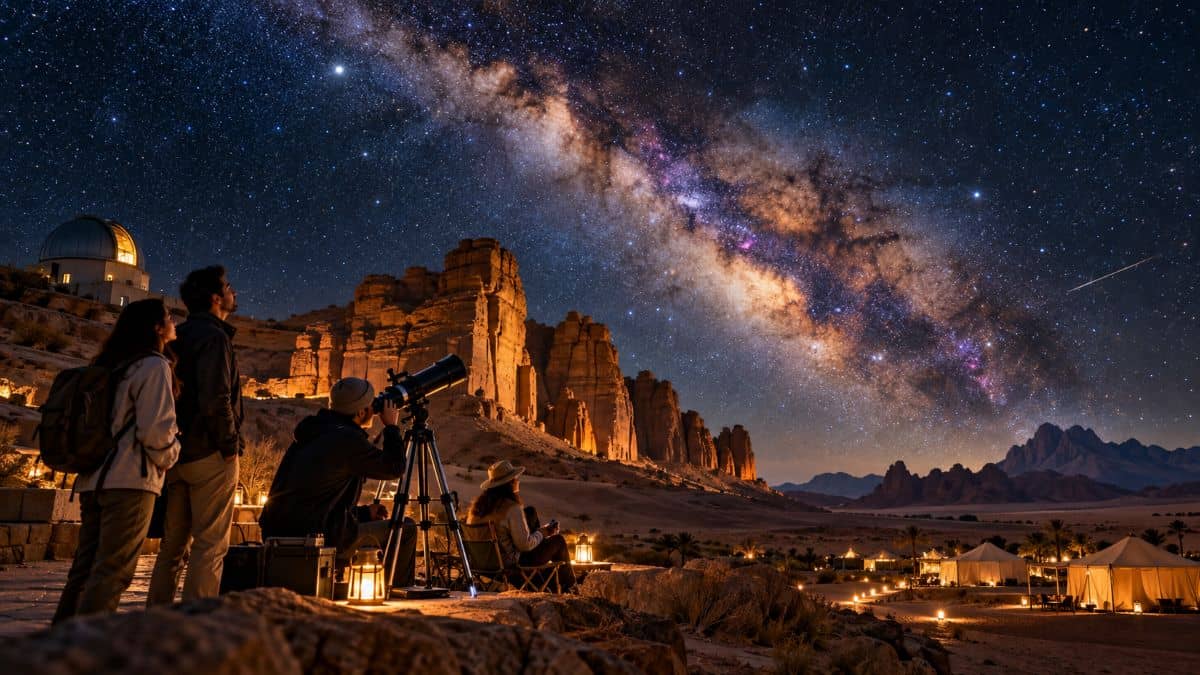 Travellers stargazing beneath the milky way in a remote dark-sky desert
