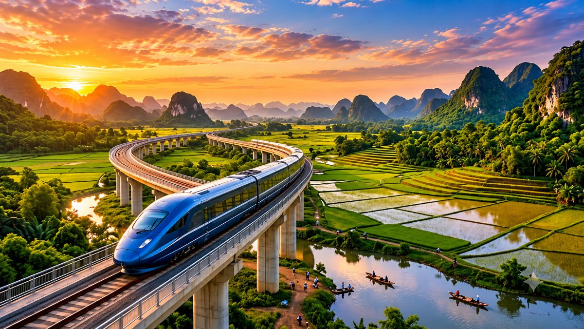 Modern aerodynamic siemens velaro novo high-speed train designed for passenger rail travel across vietnam.