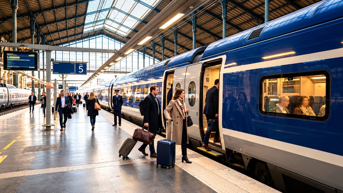 Modern high-speed train waiting at an international platform in europe with passengers boarding for a cross-border journey.