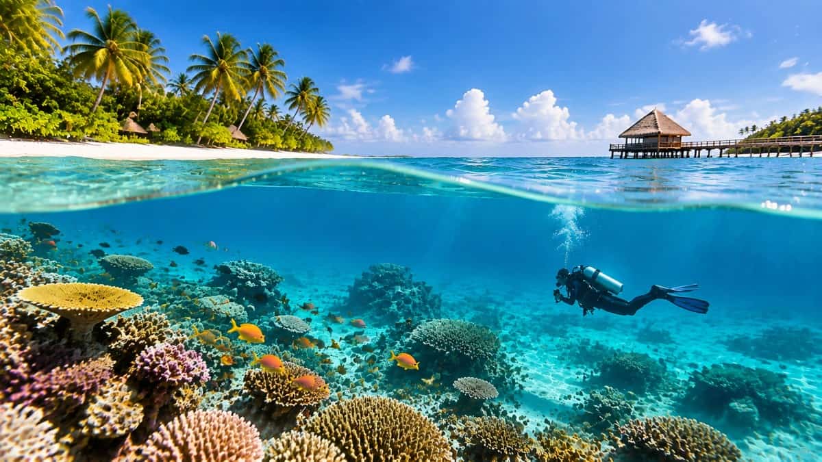 Scuba diver swimming near reef