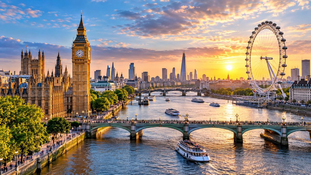 Panoramic london skyline with the river thames, tower bridge and historic and modern landmarks at sunrise
