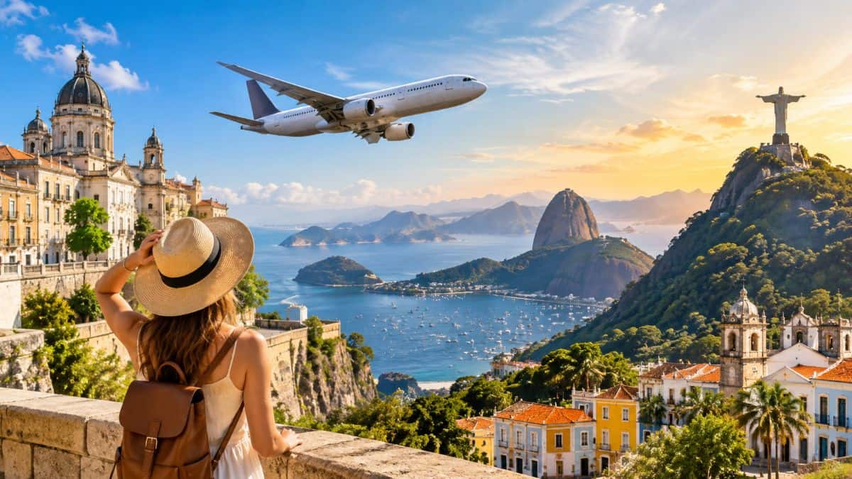 Passenger aircraft flying over a tropical south american coastline representing direct flights from europe to central and south america.