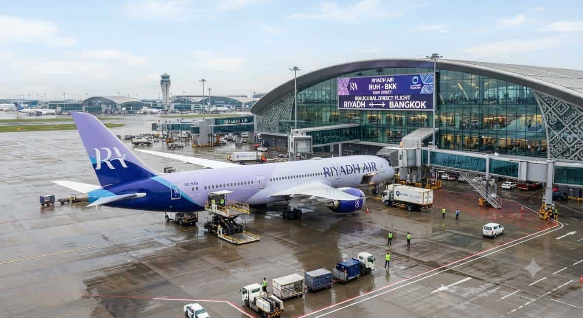 Riyadh air - travel and tour world A commercial aircraft operated by riyadh air parked at an airport terminal, representing the new direct aviation route between saudi arabia and thailand.