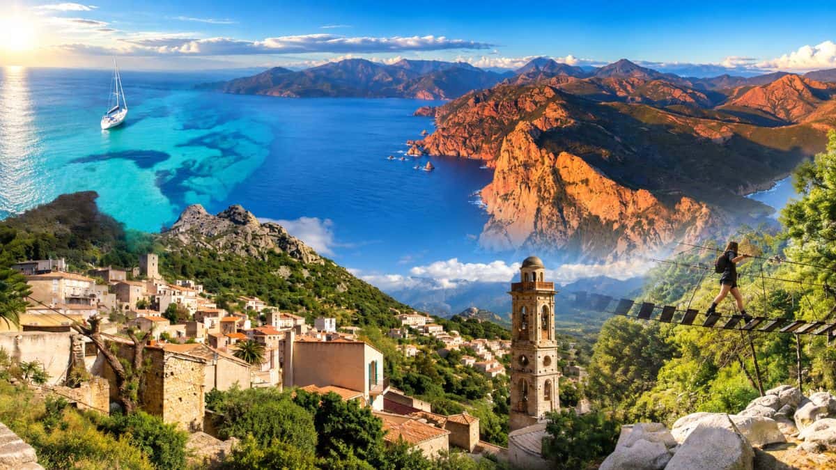 Scenic Corsica landscape showing rugged mountains, Mediterranean coastline and historic villages under bright skies.