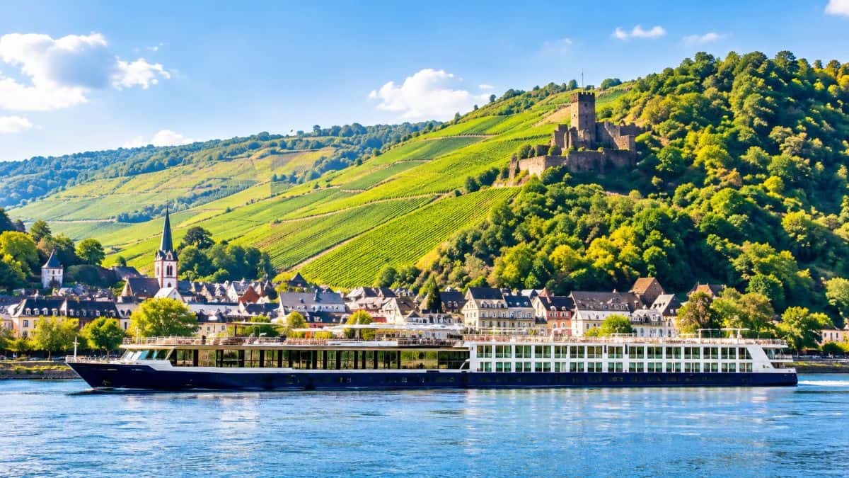 Scenic european riverside village with a river cruise ship, lush vineyard-covered hills, historic church and medieval castle under a bright blue sky.
