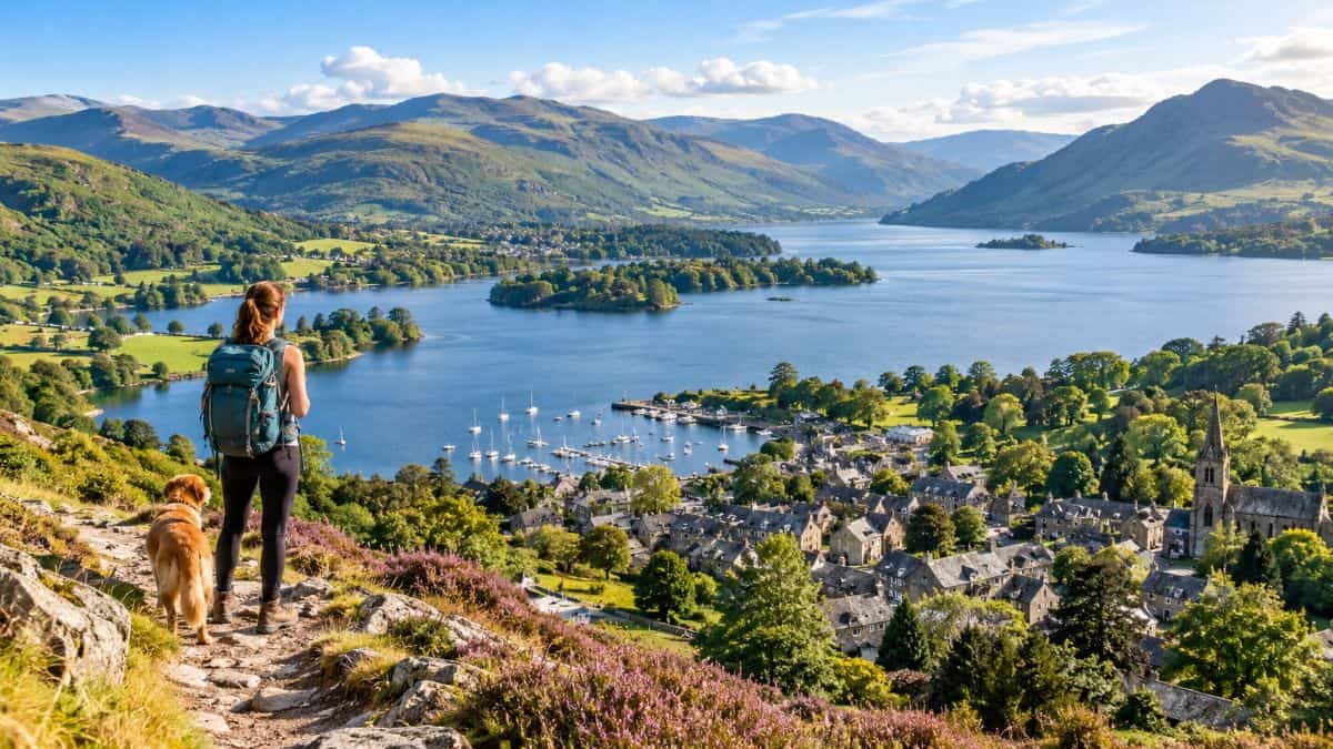 Scenic lake district landscape in cumbria with visitors exploring the countryside near a traditional lakeside tourism destination.