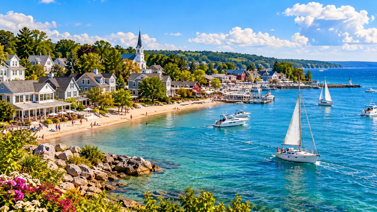 Scenic michigan small town beside a great lakes shoreline with waterfront buildings, sandy beach, trees and recreational boats