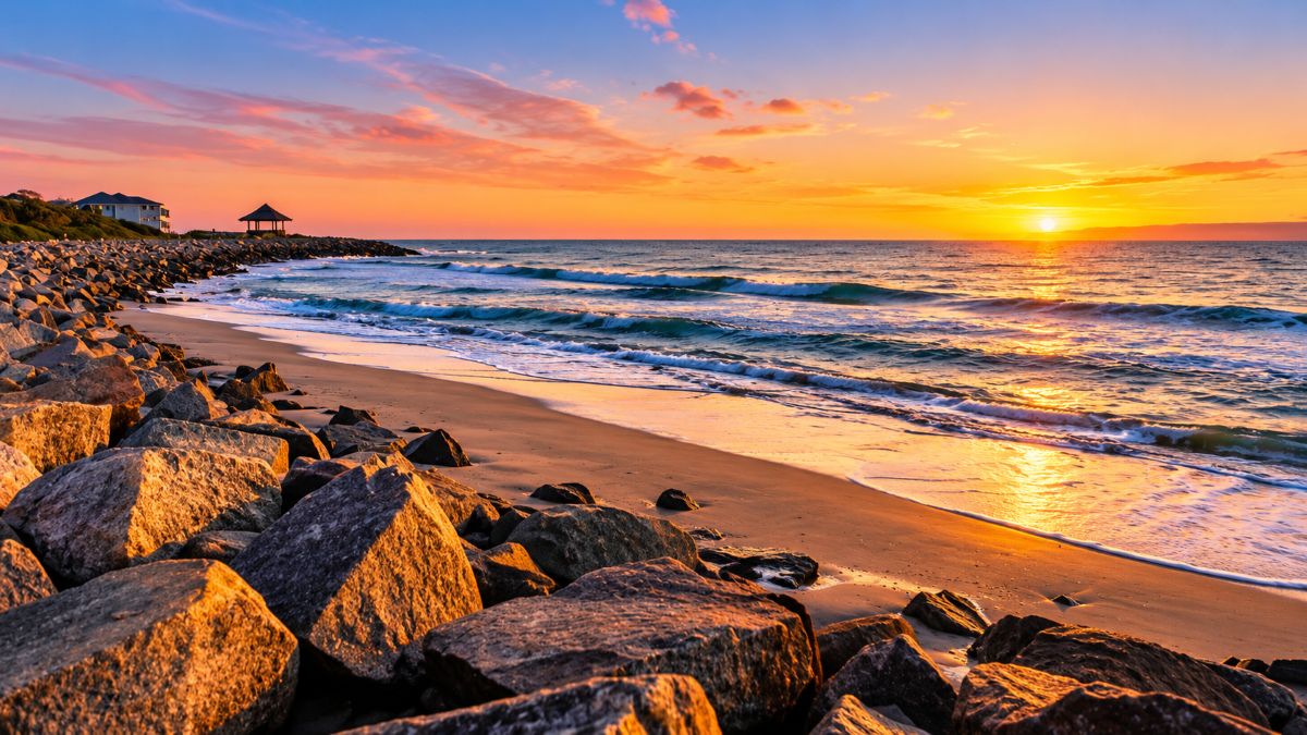 Scenic beach shoreline with rocky foreground, gentle waves, a coastal pavilion, and a vibrant golden sunset over the ocean.