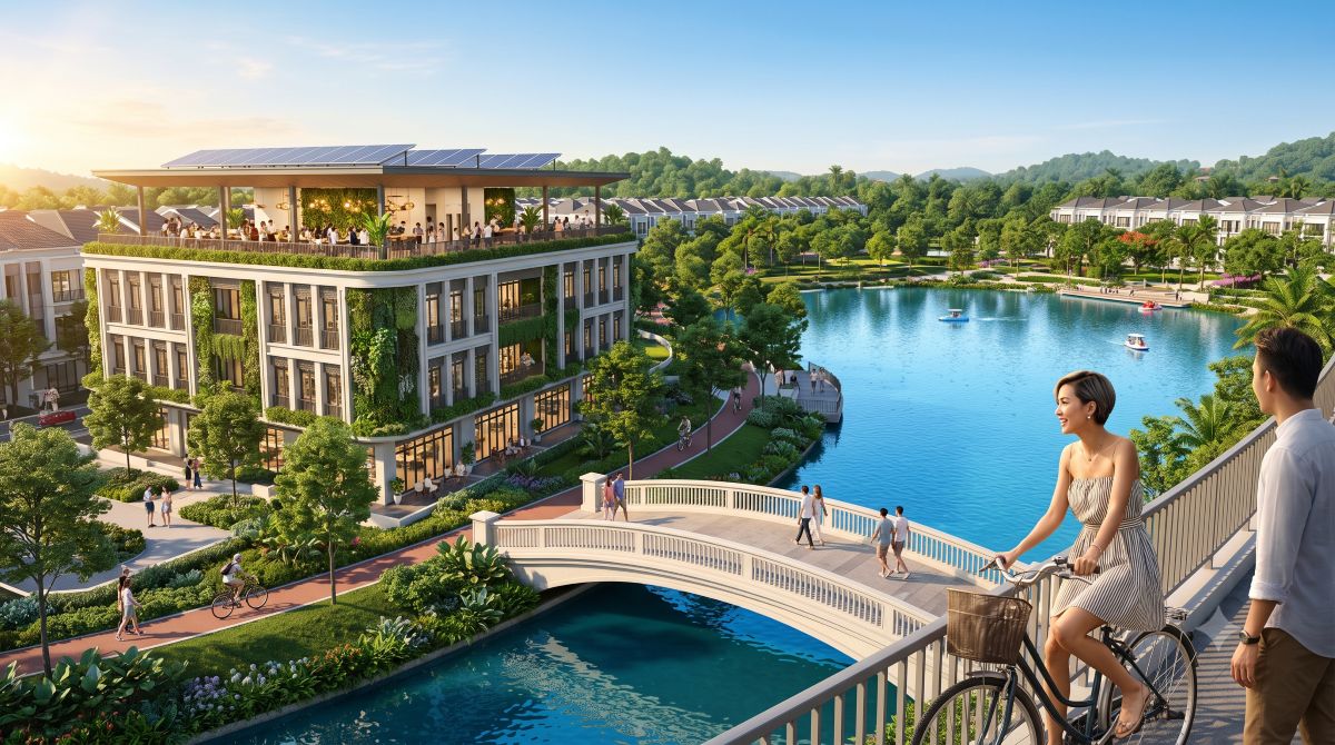 Scenic view of the lake, green cycling trails, and modern lifestyle spaces across eco majestic in selangor.