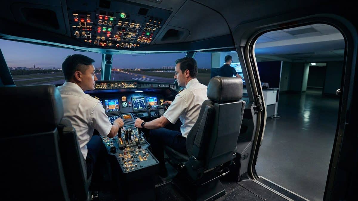 Singapore aviation training centre with pilots using advanced flight simulator technology