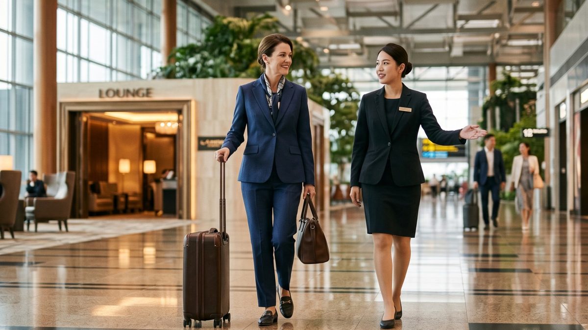 Singapore airlines first class concierge service assisting a premium traveller at changi airport.