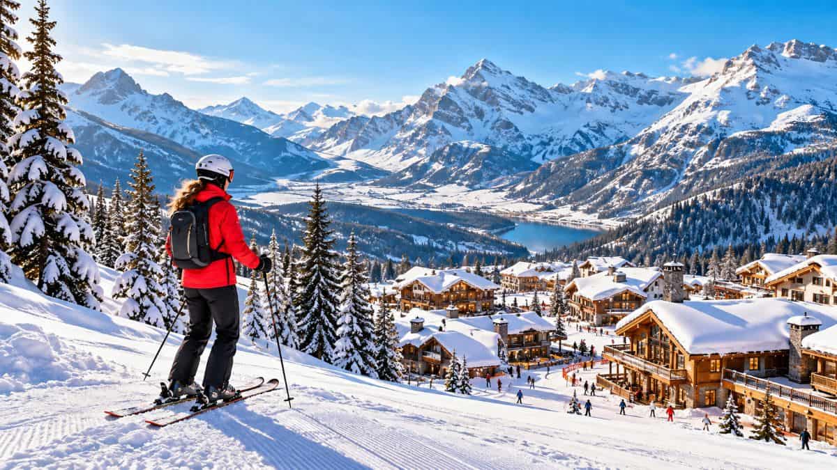 Skier overlooking a picturesque american mountain town surrounded by snow-covered peaks, pine forests, alpine chalets and a winter valley under a bright blue sky.