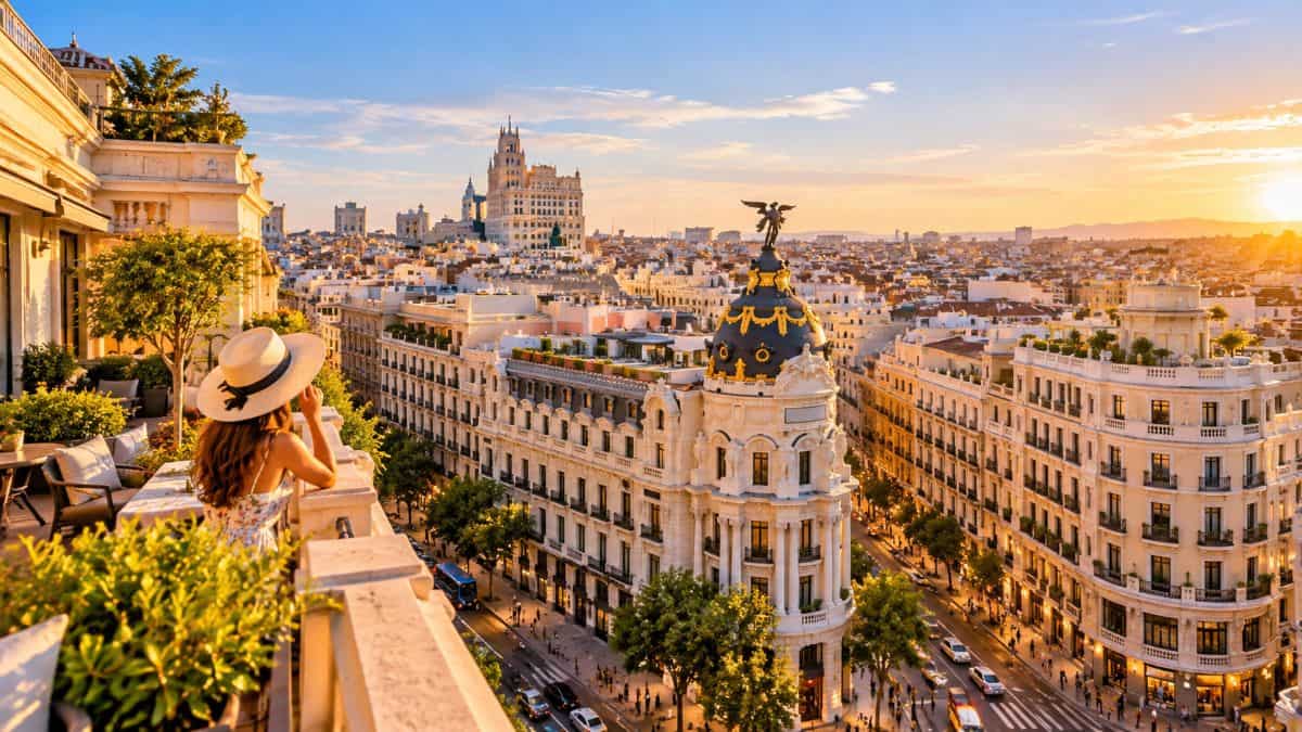 Sunlit madrid cityscape viewed from a rooftop terrace, highlighting historic architecture, luxury accommodation and a tourist overlooking the vibrant urban skyline.
