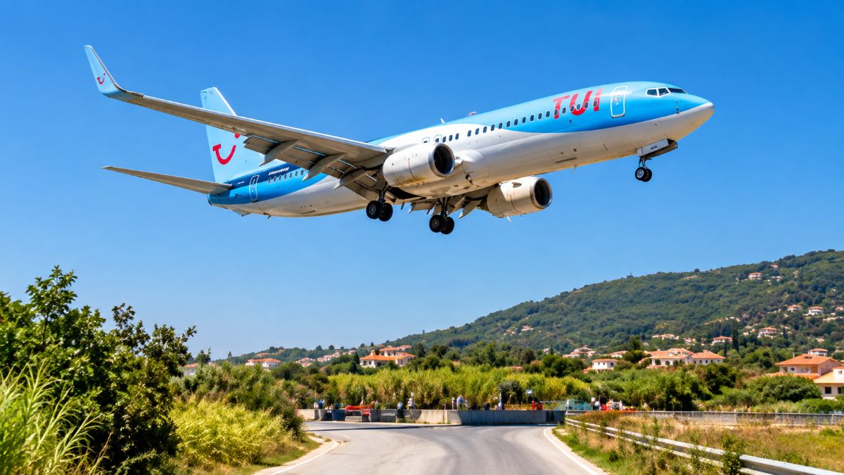 Tui airways passenger aircraft flying low over a winding road with landing gear extended, surrounded by green countryside, hills and houses under a clear blue sky.
