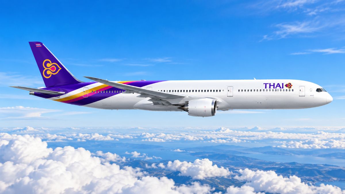 Thai airways passenger aircraft flying above a sea of clouds under a bright blue sky, showcasing its distinctive purple, gold and magenta livery.