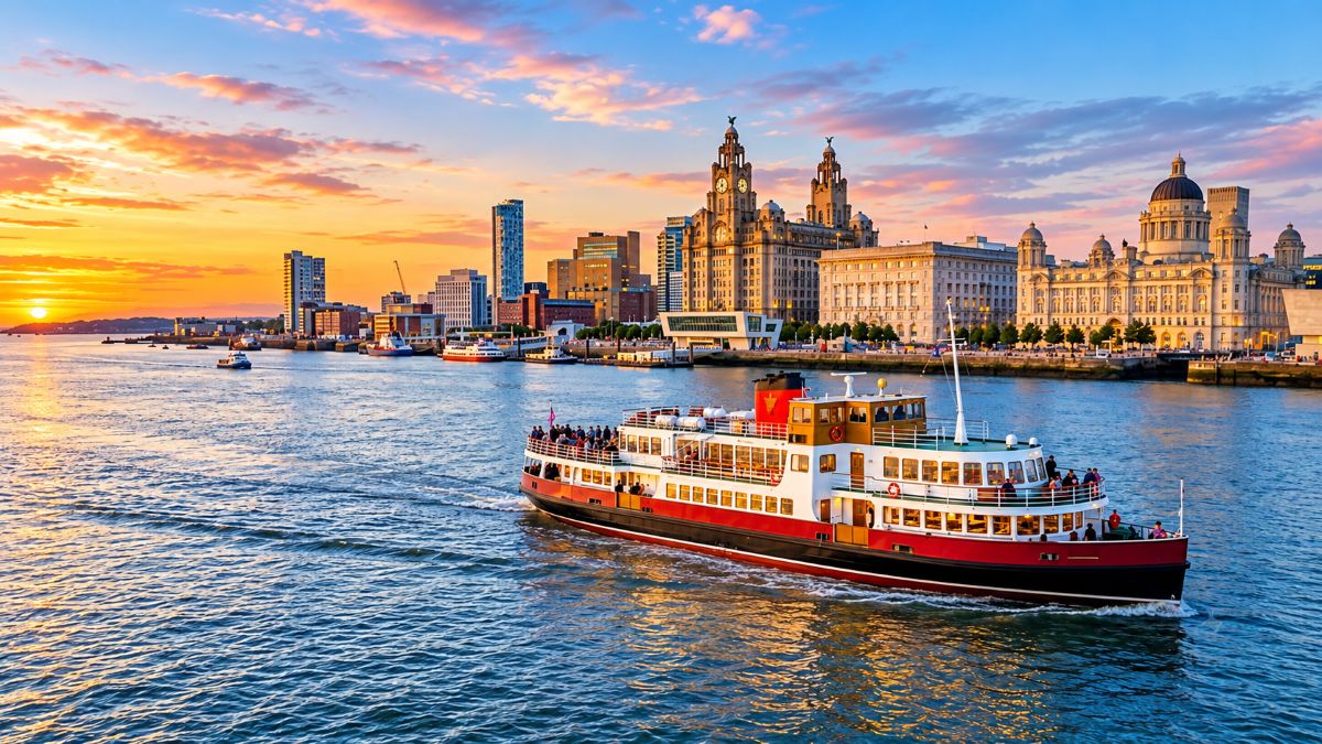 The new mersey ferry royal daffodil sailing past the historic liverpool waterfront skyline.
