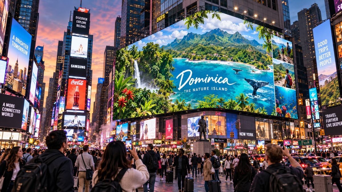 Dominica nature island tourism campaign appears on a times square digital billboard in new york