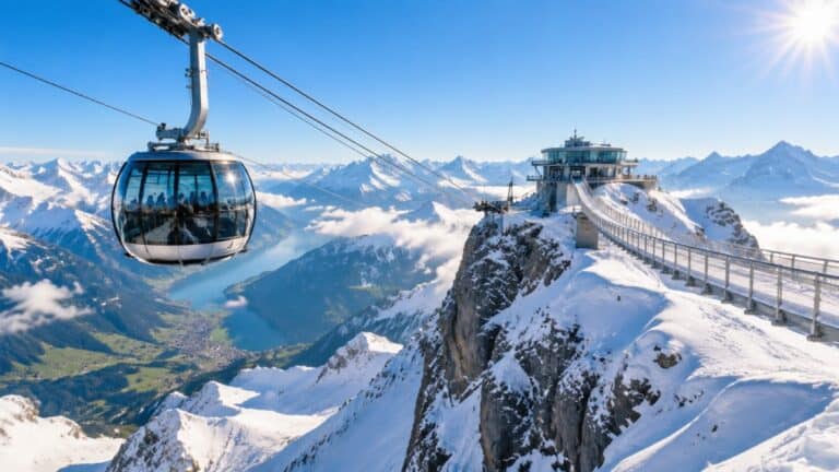 Cable car over snowy mountains