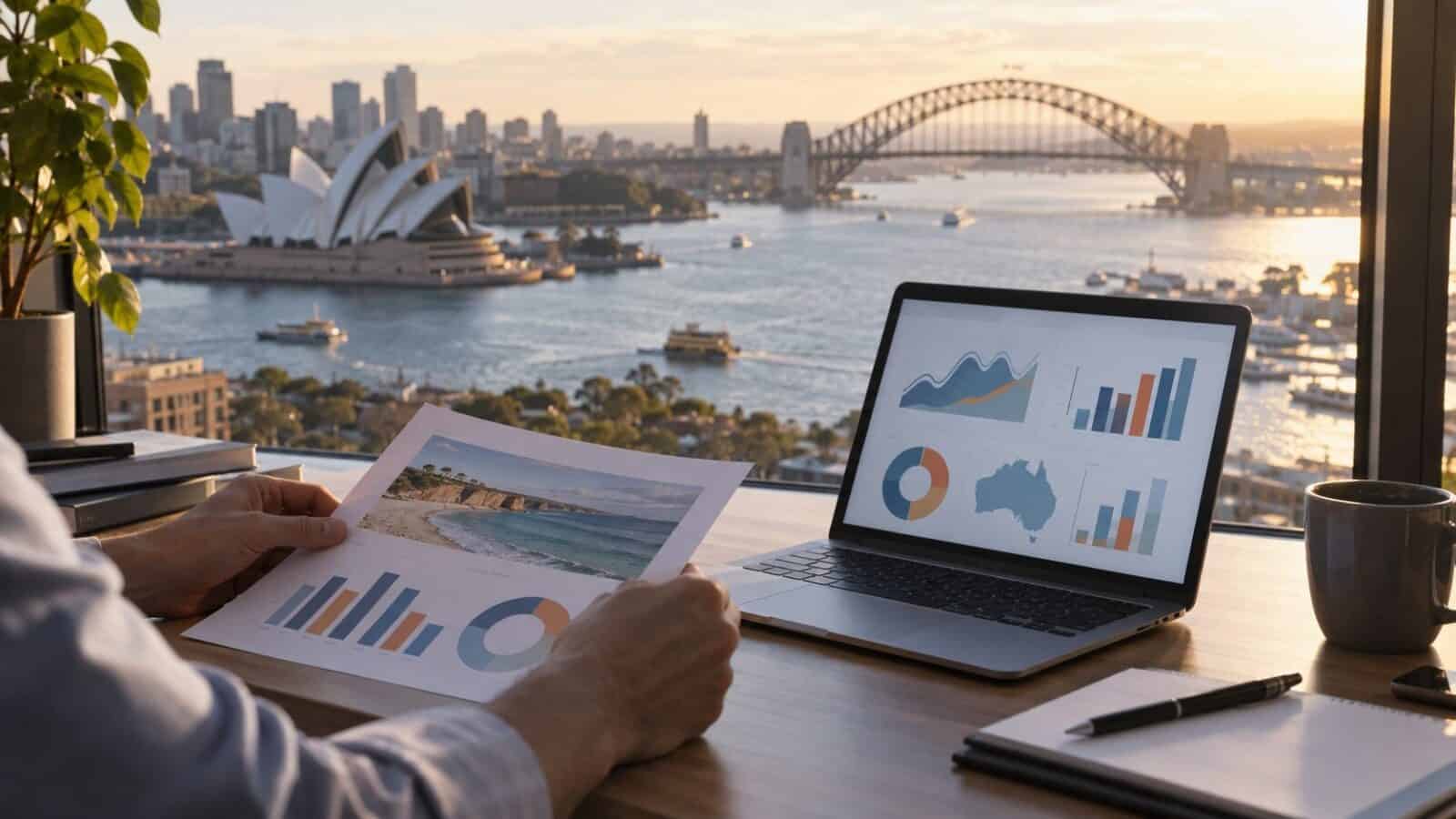Tourism australia - travel and tour world Laptop charts overlooking sydney harbour illustrate tourism australia’s proposed ai data work.