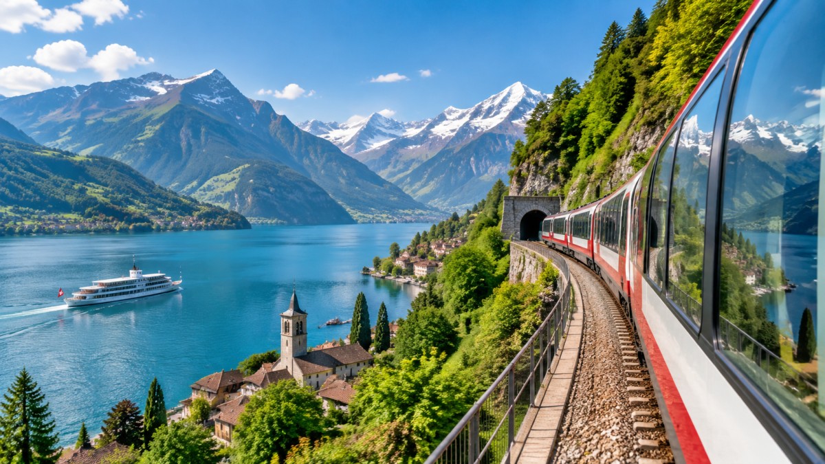 Red train along swiss lake