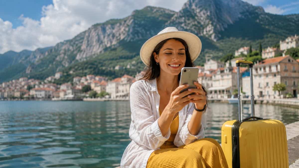 Traveller using a smartphone outdoors while travelling with mobile connectivity
