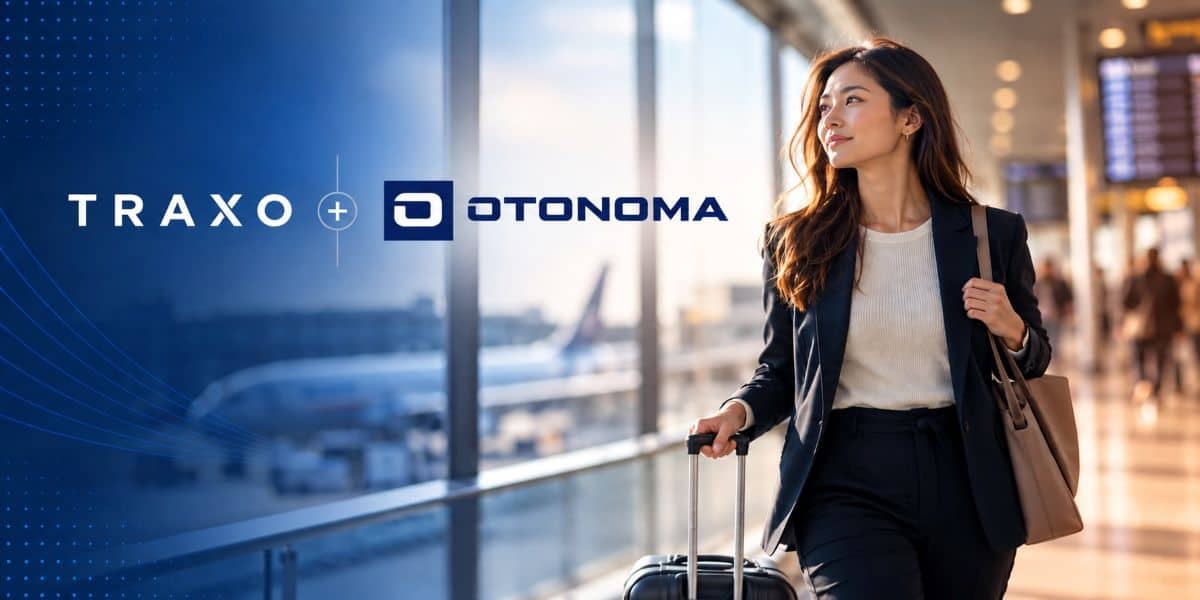 Traxo and otonoma partnership featuring a business traveller walking through an airport with luggage