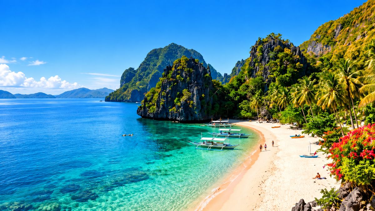 Tropical philippine beach with crystal-clear turquoise water, white sand, traditional outrigger boats, palm trees, and dramatic green limestone cliffs under a bright blue sky.