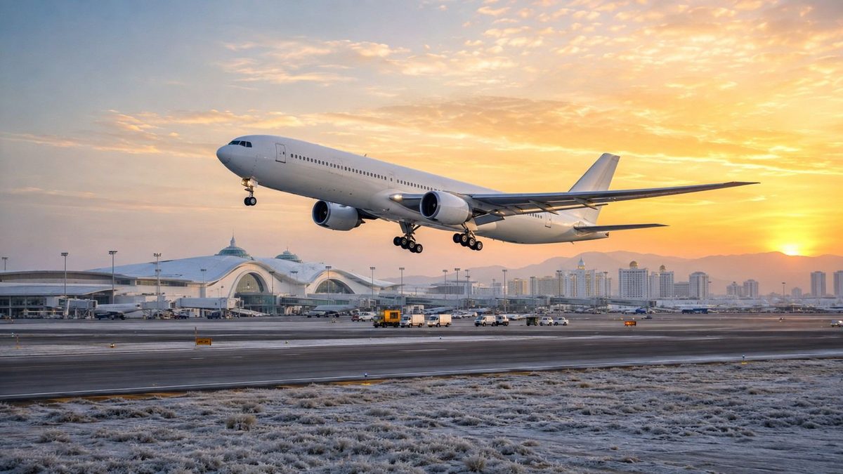 Passenger aircraft departing ashgabat as turkmenistan expands international winter flights.
