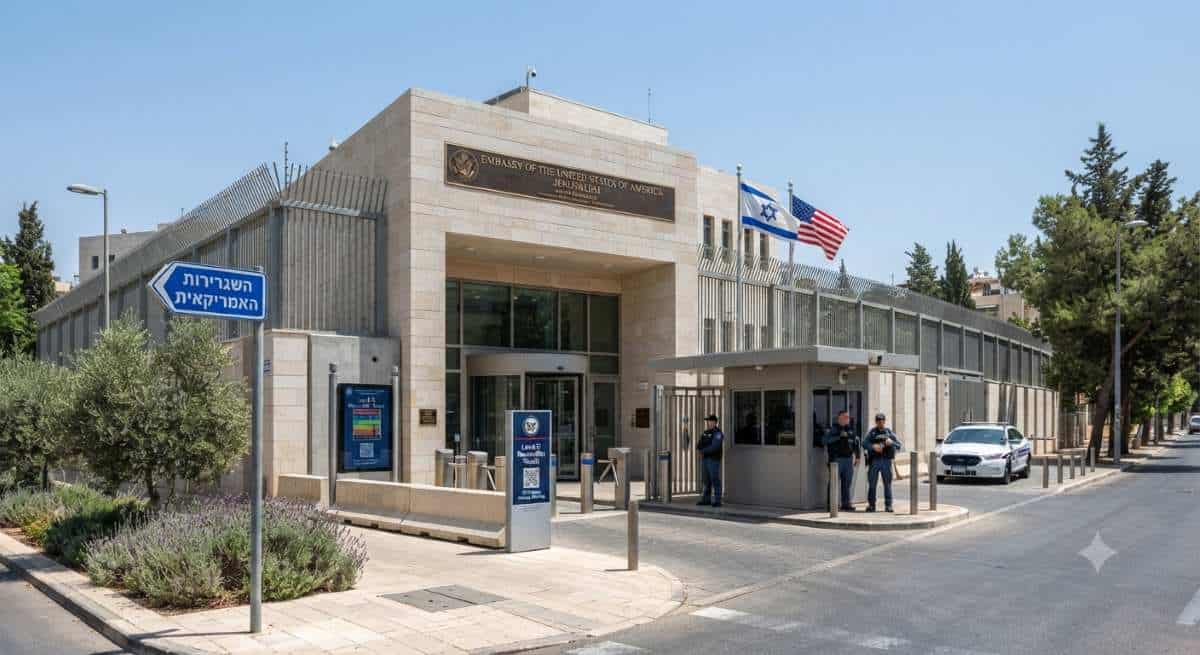 A secure us diplomatic facility exterior representing international travel safety and embassy security advisories in israel.