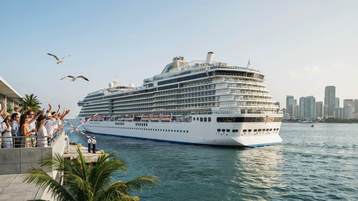 Modern cruise ship leaving miami port during us tourism loyalty growth