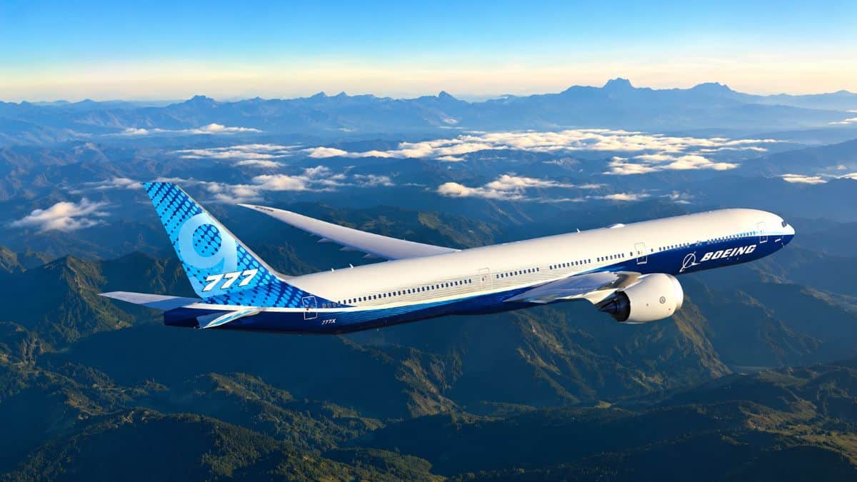 Ultra-realistic boeing 777x aircraft at an aviation facility representing the aircraft&rsquo;s prolonged certification delays and scrapping