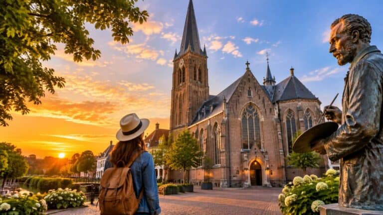 Traveler looking at church statue