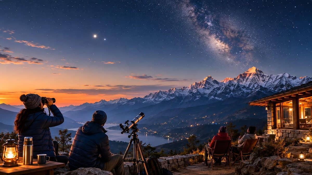 Venus and spica above a dark-sky astrotourism destination with travellers stargazing