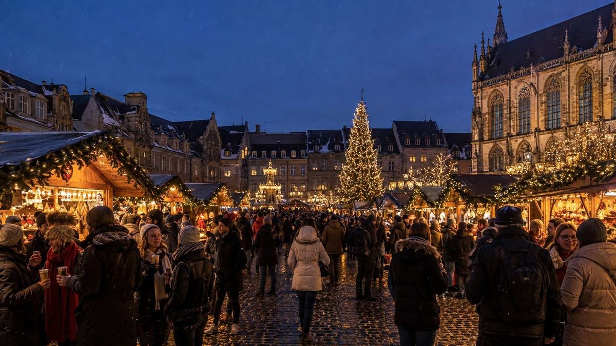 Crowds explore a brightly illuminated european christmas market during the 2026 winter season.