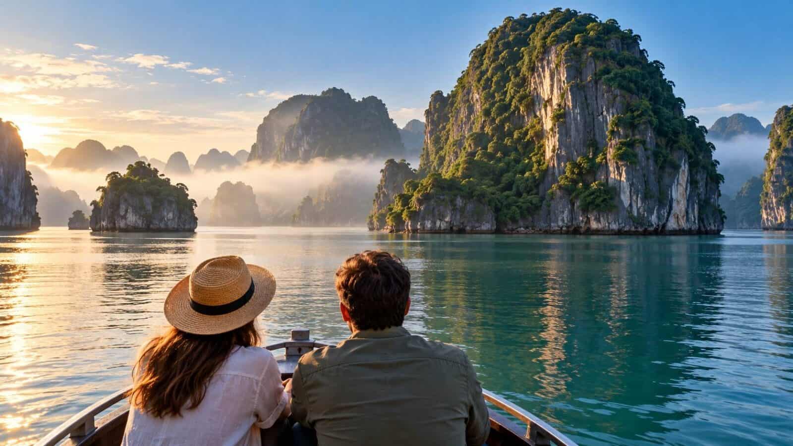 Vietnam october travel in ha long bay with a boat passing limestone islands.