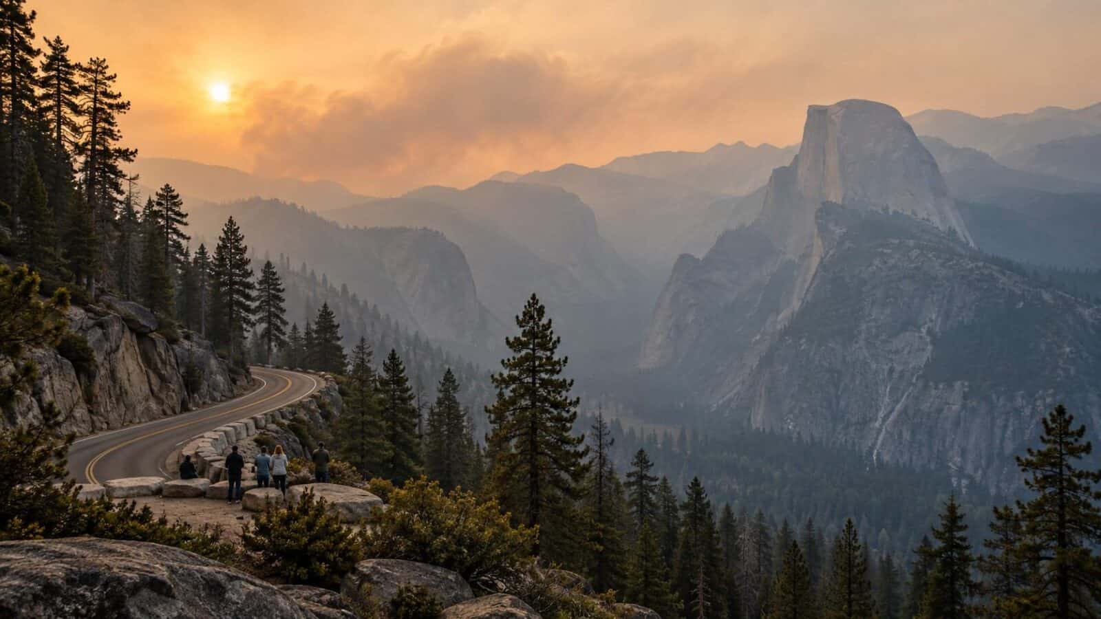 Hazy yosemite landscape near glacier point road during the dome fire