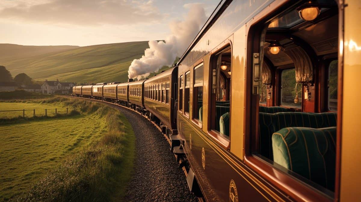 Luxury train traveling through countryside