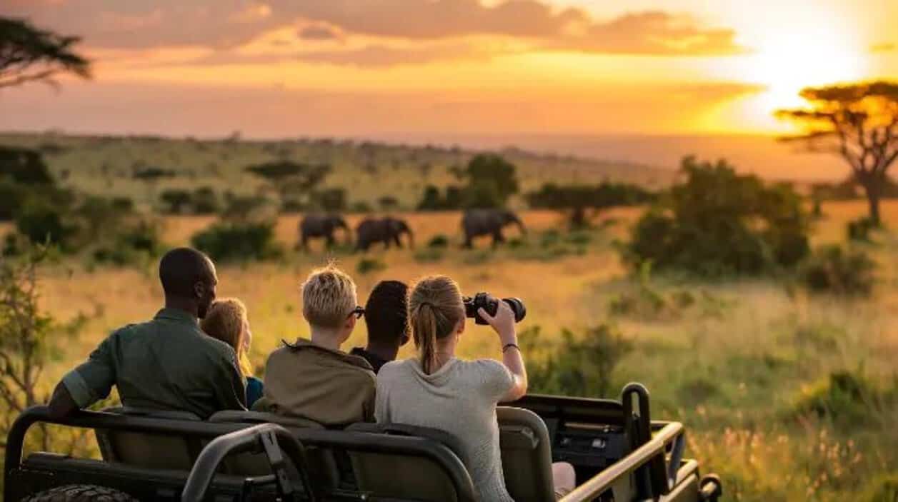 Travellers exploring an african safari destination with wildlife across open grasslands.