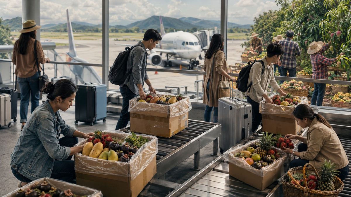 Thailand travellers checking fresh fruit boxes at regional airports under the new 10kg free fruit programme