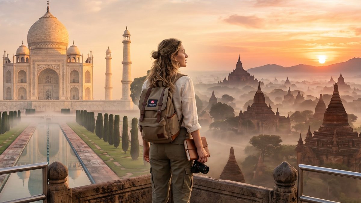 Escorted-tours-to-india-and-southeast-asia - travel and tour world A traveller admiring a breathtaking sunrise over the taj mahal and ancient temples on an escorted tour to india and southeast asia.