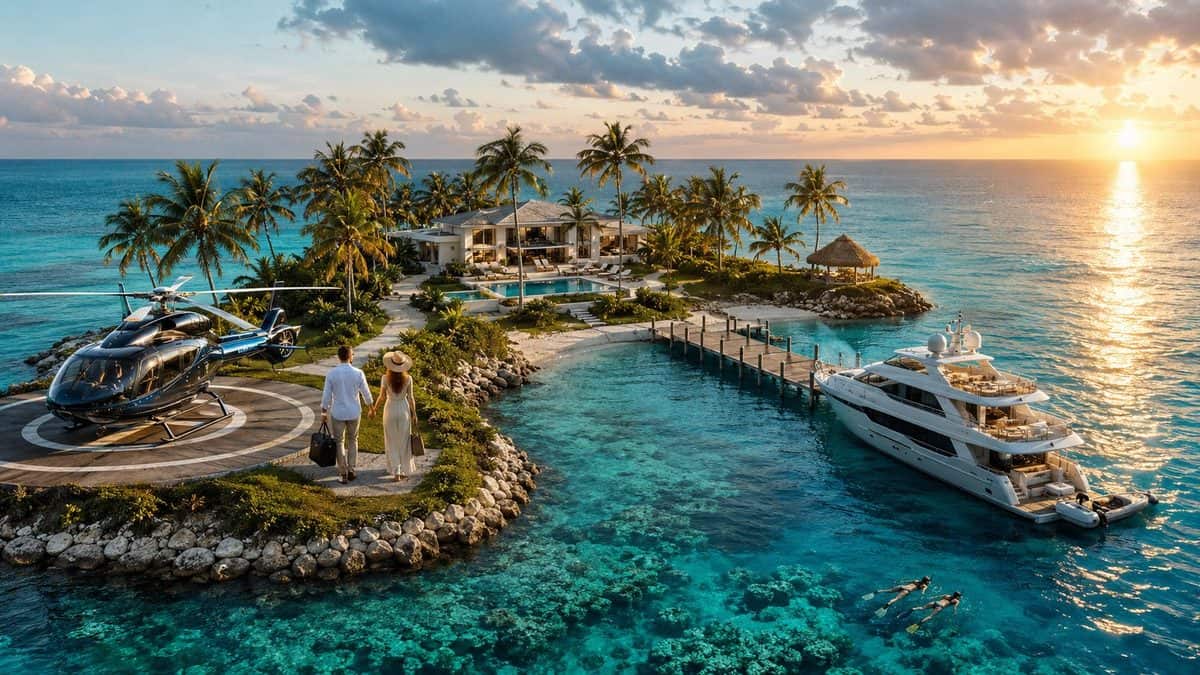 Private luxury island with helipad and yacht in florida keys