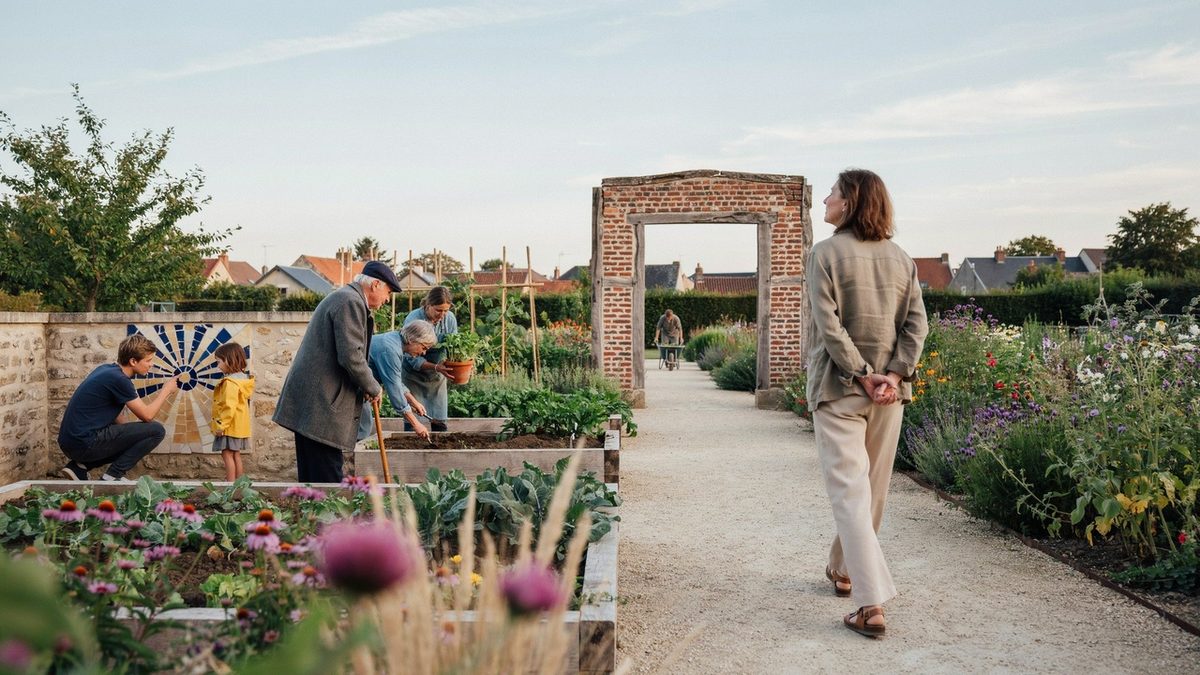 People walking in garden path