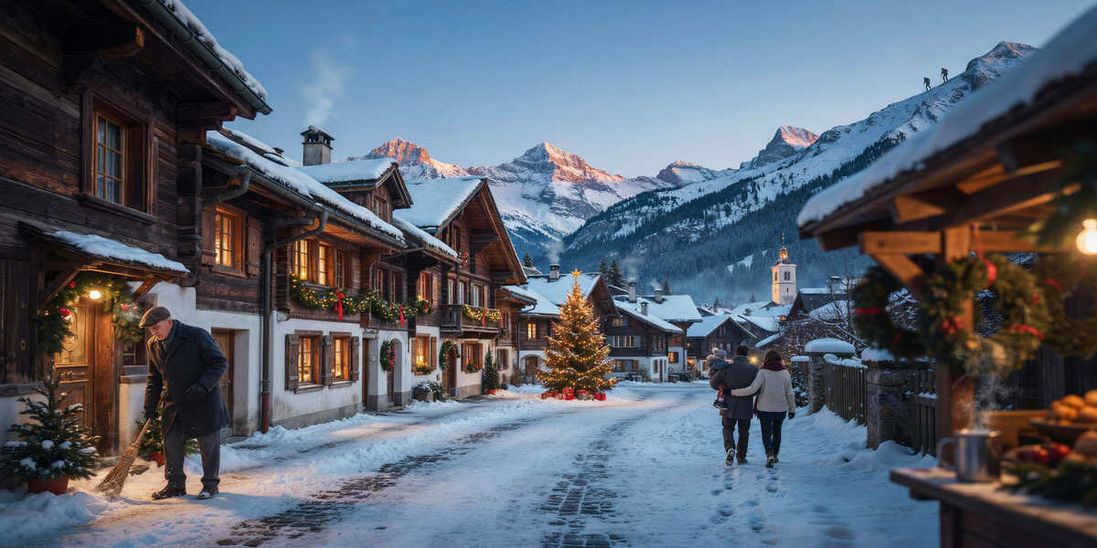 Switzerland winter christmas village with snowy alps