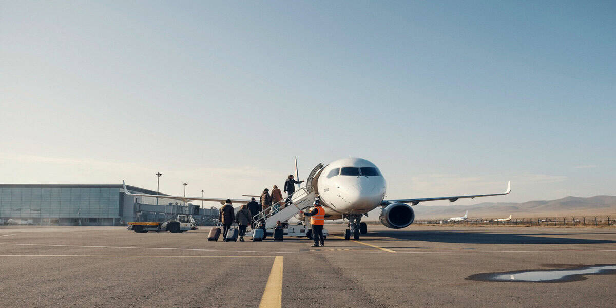 Hunnu air embraer aircraft at ulaanbaatar airport for new shenzhen flight