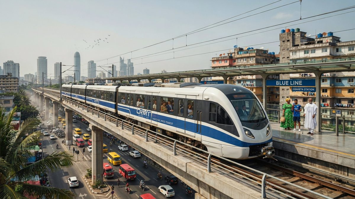 Modern lagos rail mass transit train operating through lagos city as nigeria develops a new urban mobility network