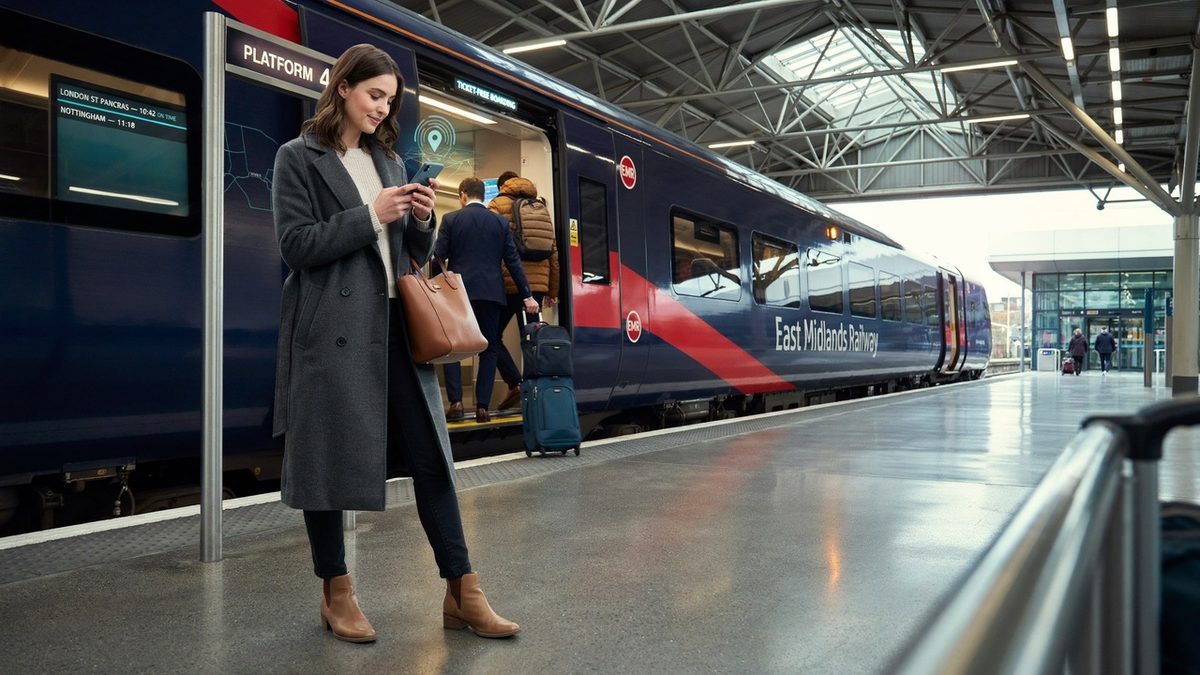 East midlands railway train station showing passengers using digital ticketless travel technology in the uk