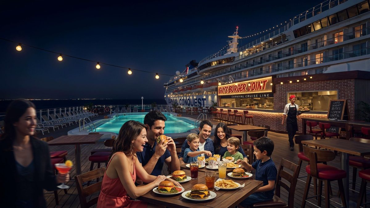 Guy’s burger joint onboard carnival conquest offering extended evening dining options for carnival cruise line guests